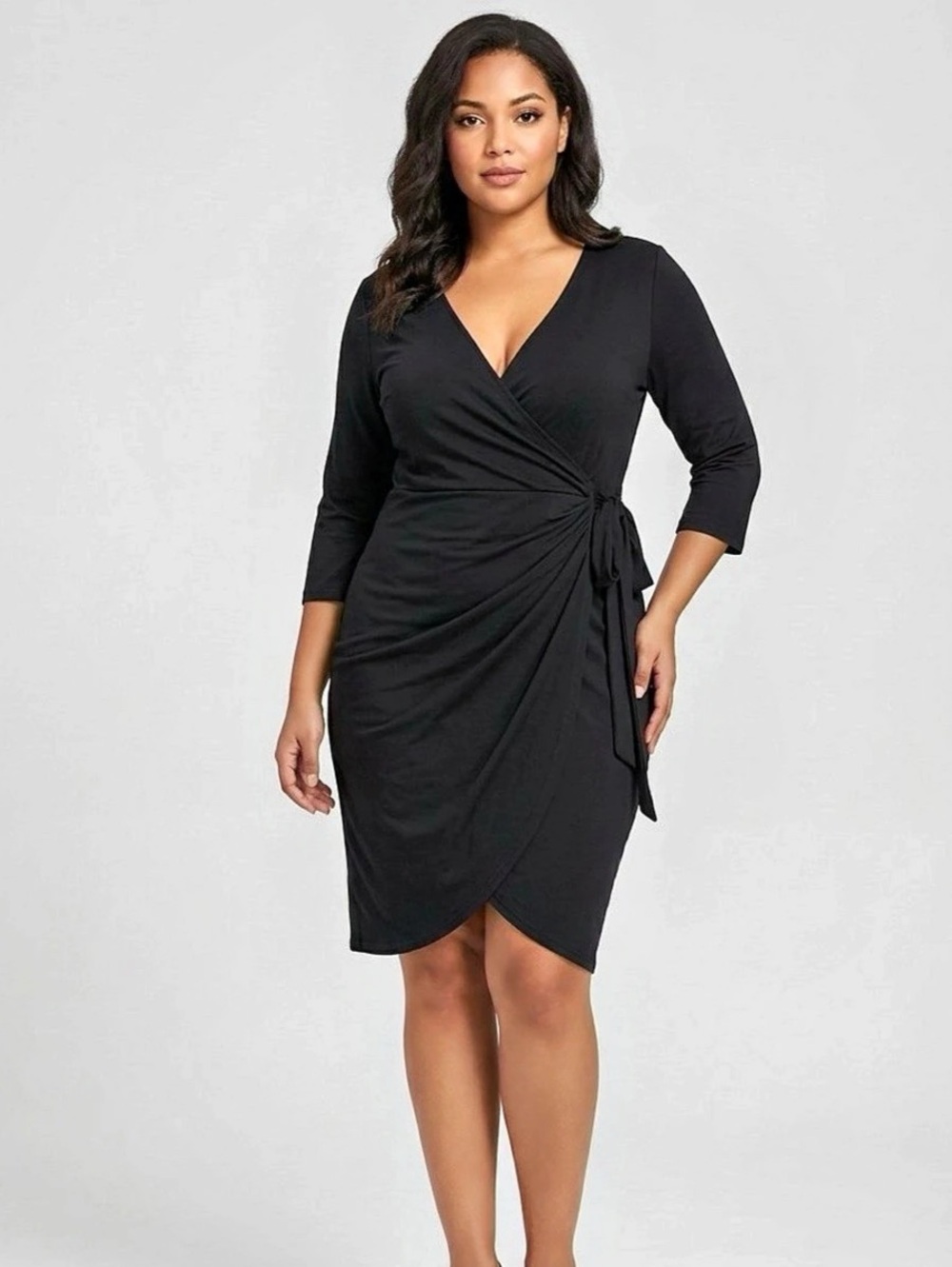 Berydress Women's 3/4 Sleeve V Neck Black Faux Wrap Dress XL (Fits US 16–18)